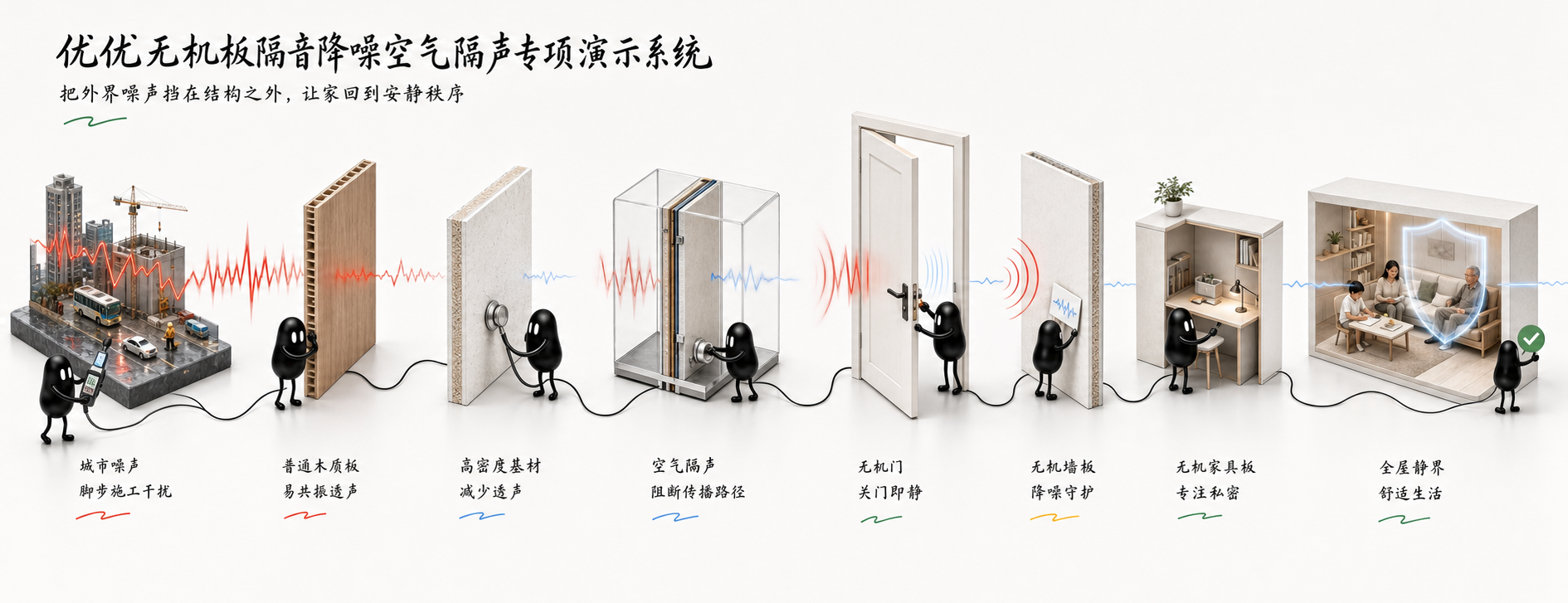 优优无机板隔音降噪空气隔声专项演示系统小黑长卷故事图