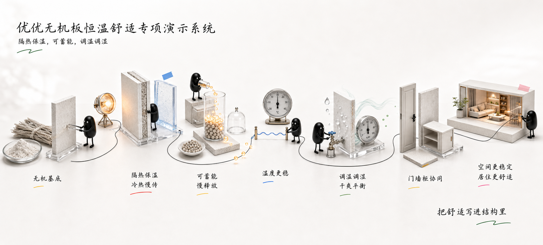 优优无机板隔热保温可蓄能调温调湿专项演示系统小黑长卷故事图
